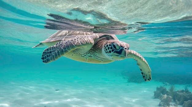 Beautiful sea turtle swimming in tropical island reef Giant turtle swimming towards the sea