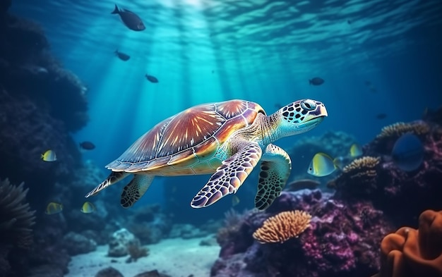 A Beautiful Sea Turtle Swimming in the Underwater Reef