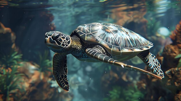 A beautiful sea turtle swims gracefully through the ocean Its green shell and flippers are perfectly adapted for life in the water