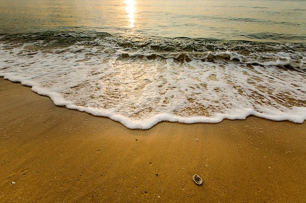 Bella onda del mare sulla spiaggia del mare tropicale nel filtro dell'annata di tempo di alba di mattina