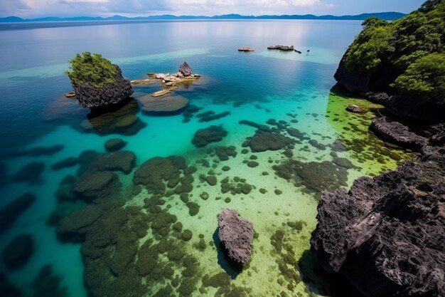 a beautiful sea with green mountains