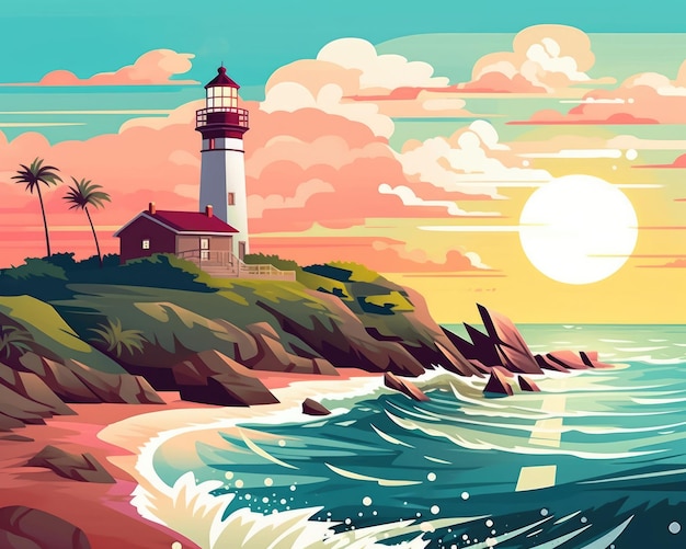 A beautiful sea with a lighthouse on the hill Generative AI