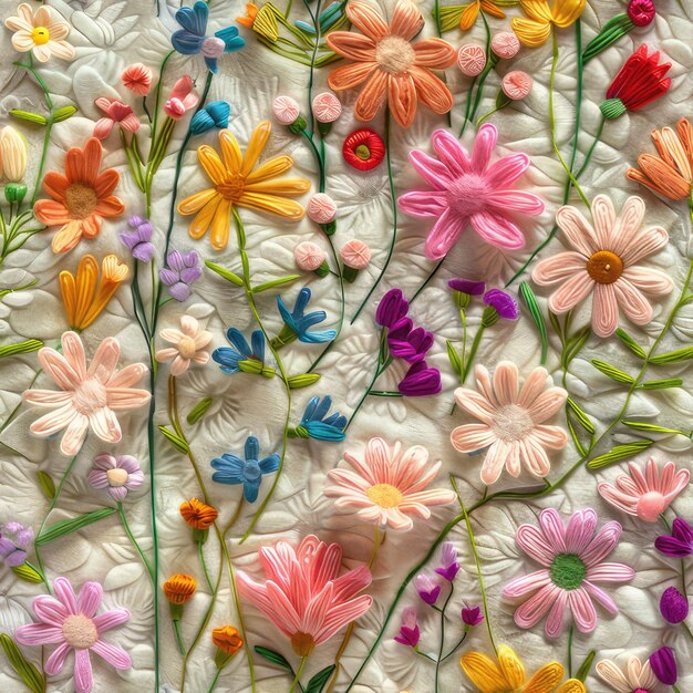 Beautiful seamless 3d pattern colorful wildflowers felted effect