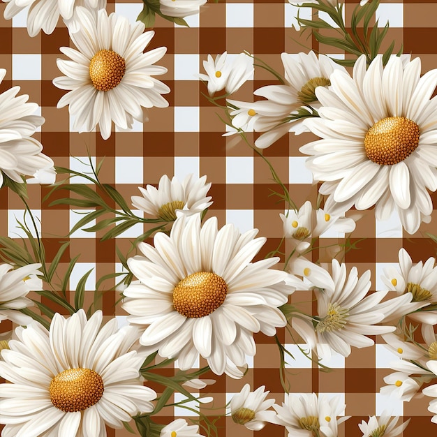 Beautiful seamless daisies pattern in a brown plaid background