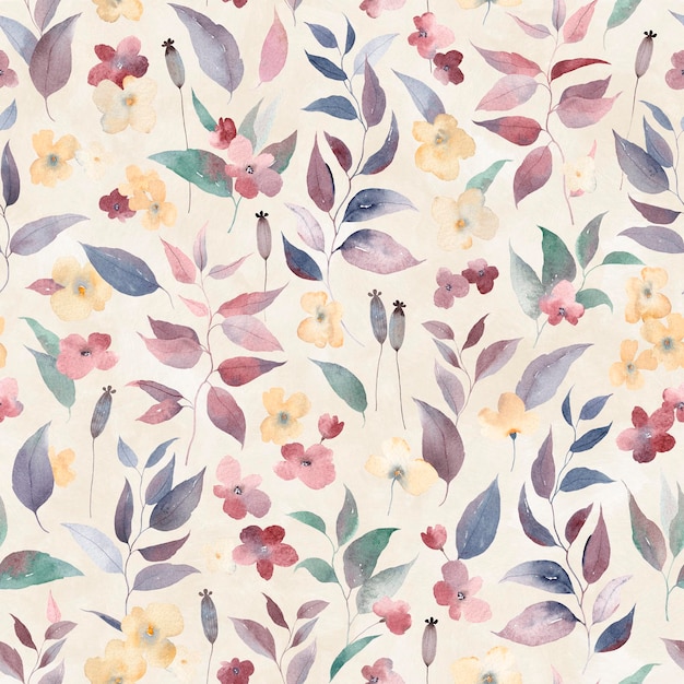 Beautiful seamless floral pattern with abstract flowers and leaves Watercolor print Watercolor autumn Light beige background