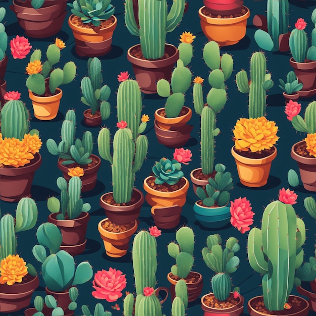 Beautiful Seamless Pattern of Colorful Cactus