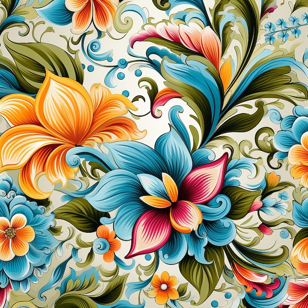 beautiful seamless pattern of colorful paisley flowers and leaves on a white background