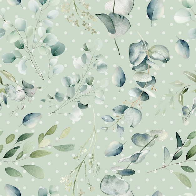 Красивый бесшовный дизайн с листьями эвкалипта на зеленом фоне с белыми точками в горошек