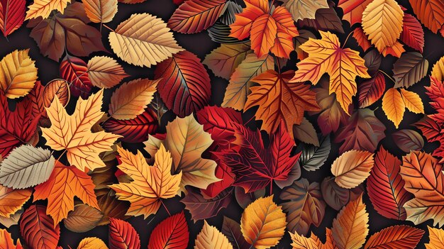 Photo a beautiful seamless pattern of fallen autumn leaves in various shades of red orange yellow and brown