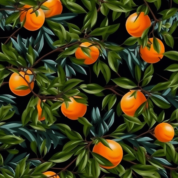 Beautiful seamless pattern oranges and flowers on black background in vintage style
