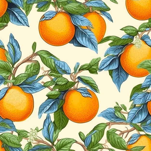 Beautiful seamless pattern oranges and flowers on pastel background in vintage style AI generated
