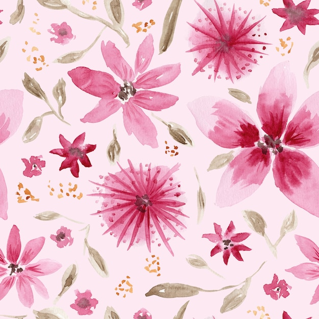 Beautiful seamless pattern with mess of hand drawn watercolor pink flowers and brown leaves on tender coral background