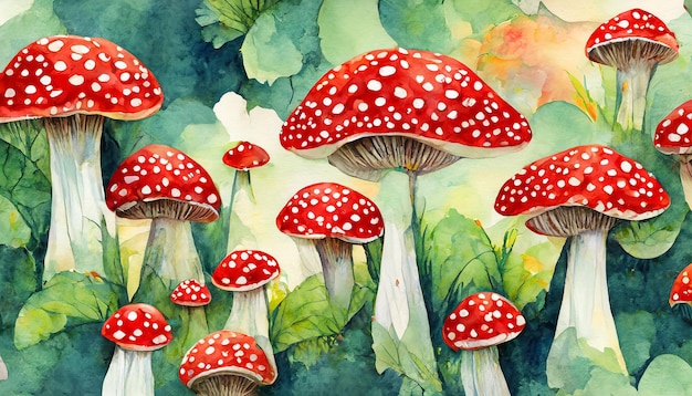 Beautiful seamless pattern with watercolor hand drawn fly agaric mushroom