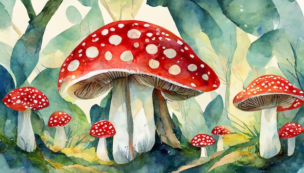 Beautiful seamless pattern with watercolor hand drawn fly agaric mushroom