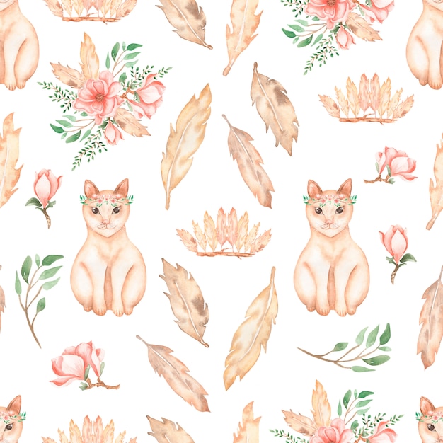 Beautiful, seamless, tileable pattern with watercolor cat animals - cute red cats with flower wreath, flower bouquets, branch of leaves, magnolia flowers blossoms, feather and crown with feathers.