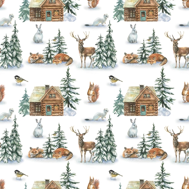 Photo beautiful seamless winter pattern with wild animals deer, hare, weasel, squirrel, snowy fir trees