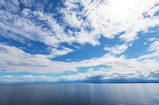 Beautiful seascape along Pacific coast of British Columbia, Canada, with rocky shoreline.