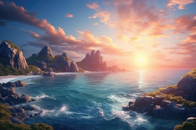 Photo beautiful seascape dramatic sunset over the sea fantasy landscape with mountain and the sea 3d rendering ai generated