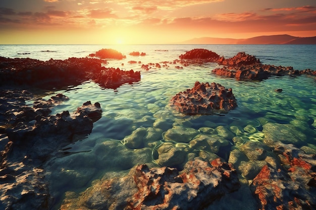 日没時の美しい海の風景 自然の構成