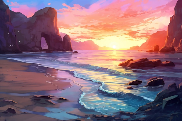 Beautiful seascape at sunset Digital painting in oil