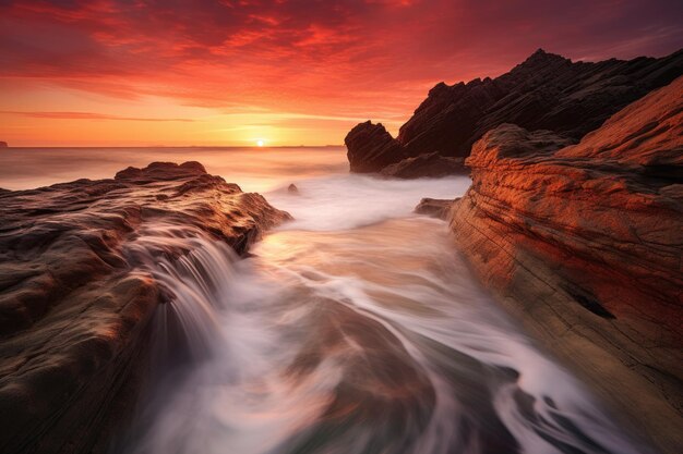 Foto bellissimo paesaggio marino al tramonto composizione della natura e colori vivaci bellissima paesaggio marittimo al tramonto catturato con una lunga esposizione