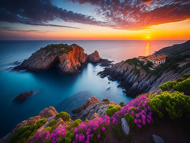 Красивый морской пейзаж с цветами азалии красочный летний восход солнца над морем