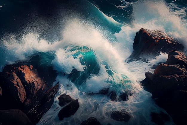 Beautiful seascape with blue waves crashing on the rocksgenerative ai