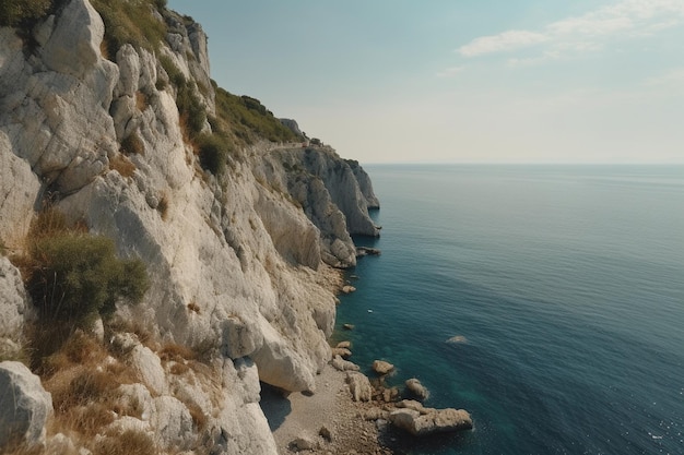 Красивый морской пейзаж со скалами, морем и голубым небом