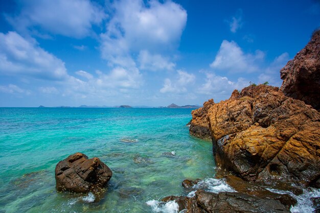 Beautiful seascape with mountain on blue sky