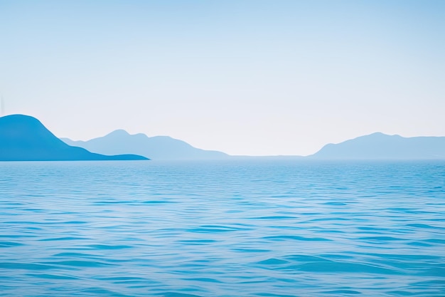 Beautiful seascape with a mountain and a clear sky in the distance