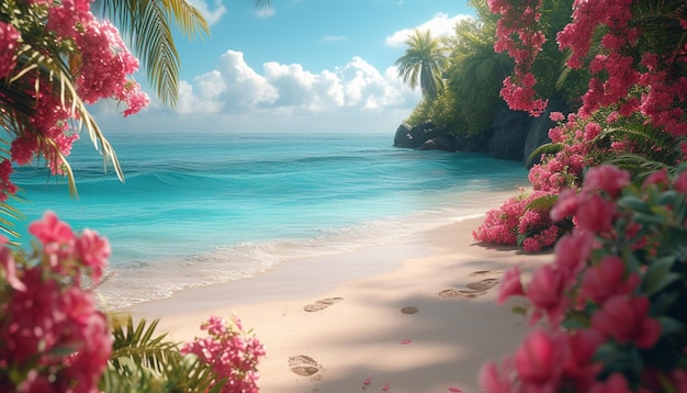 Красивый морской пейзаж с пальмами и цветами