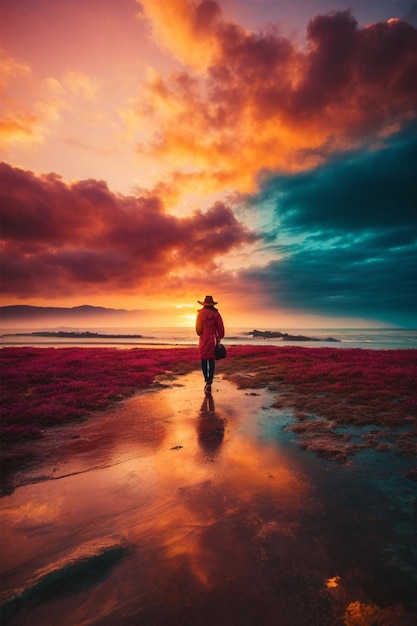 夕暮れ時のピンクの花と美しい海の風景