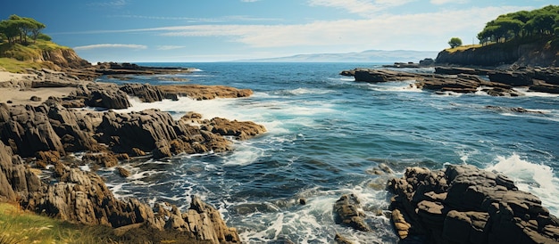 바위 가 많은 해안선 과 푸르키즈색 물 이 있는 아름다운 해양 풍경