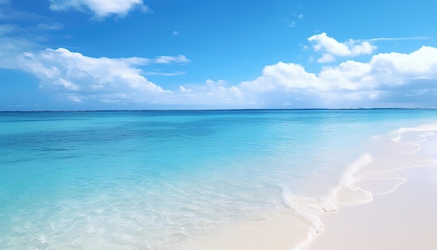 야자수와 푸른 석호가 거의 없는 모래 해변이 있는 아름다운 바다
