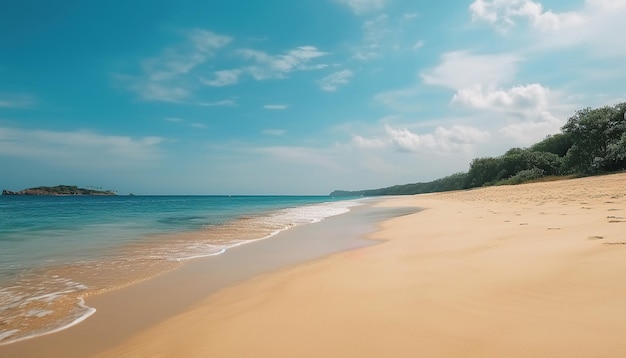 Красивый морской пейзаж с песчаным пляжем с несколькими пальмами и голубой лагуной