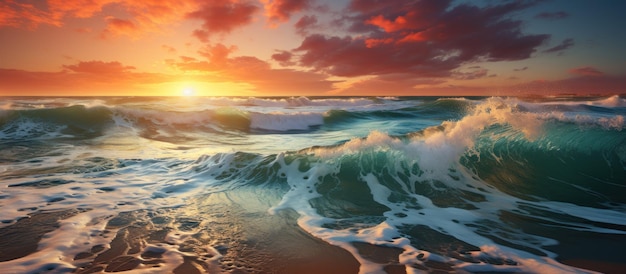 Beautiful seascape with a wave in the ocean at sunset