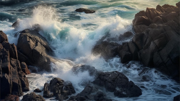 Beautiful seascape with waves crashing against the rocks at sunset