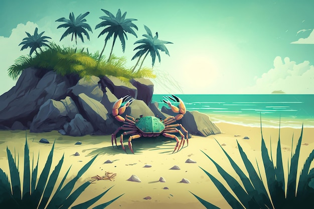 Beautiful seashore with white sand green palms and giant enemy crabs digital art style illustration painting