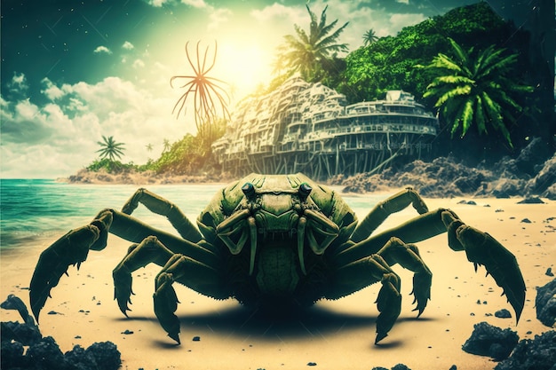 Beautiful seashore with white sand green palms and giant enemy crabs digital art style illustration painting