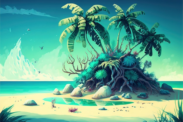 Beautiful seashore with white sand green palms and giant enemy crabs digital art style illustration painting