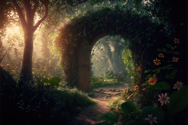 Photo a beautiful secret fairytale garden with flower arches and beautiful tropical forest with colorful vegetation