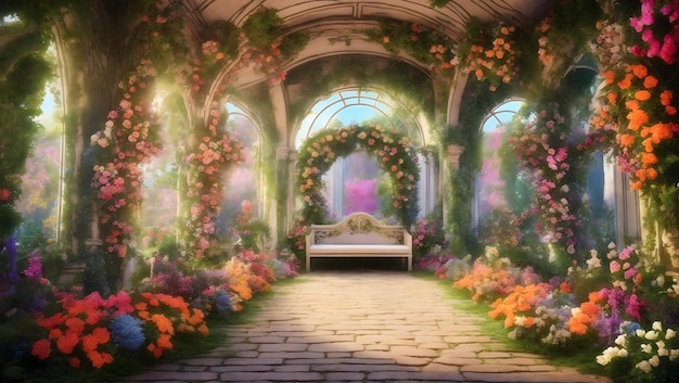 A beautiful secret fairytale garden with flower arches and colorful greenery Digital Painting Backg