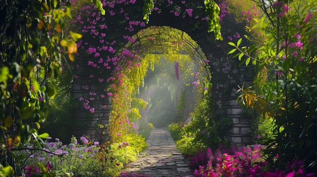 A beautiful secret fairytale garden with flower arches and colorful greenery Generative Ai