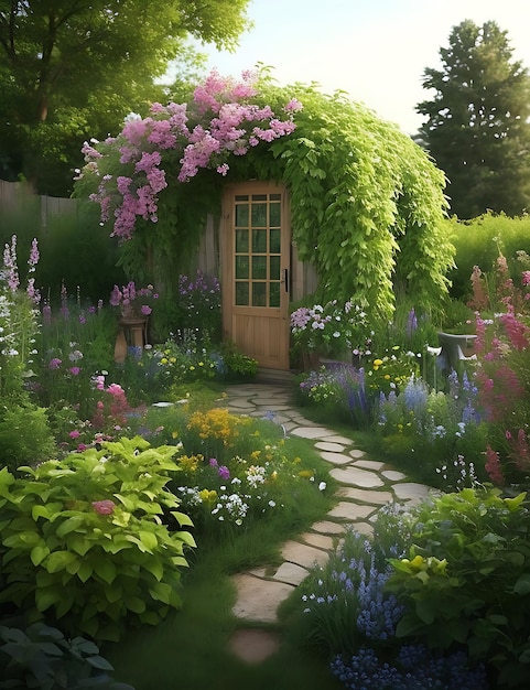 A beautiful secret fairytale garden with flower arches and colorful greenery