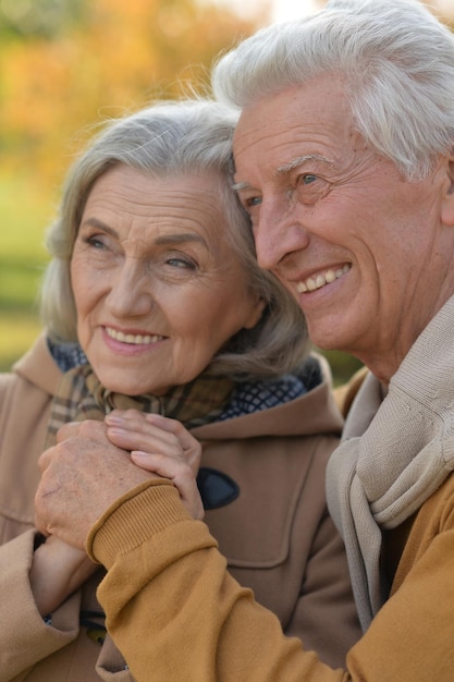 Beautiful senior couple hugging in the park