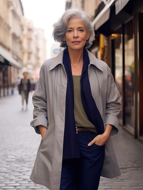 Photo beautiful senior lady with gray hair posing standing in the street of european city gorgeous older woman fashion model streetstyle blogger portrait