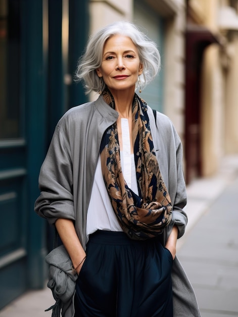 Beautiful senior lady with gray hair posing standing in the street of European city gorgeous older woman fashion model streetstyle blogger portrait