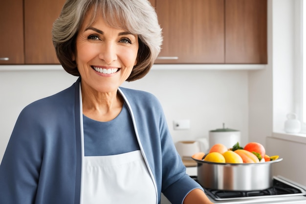 Beautiful senior mature woman preparing healthy and delicious food in kitchen
