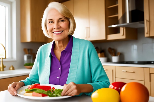 Beautiful senior mature woman preparing healthy and delicious food in kitchen