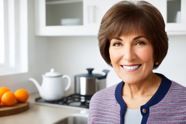 Beautiful senior mature woman preparing healthy food in kitchen